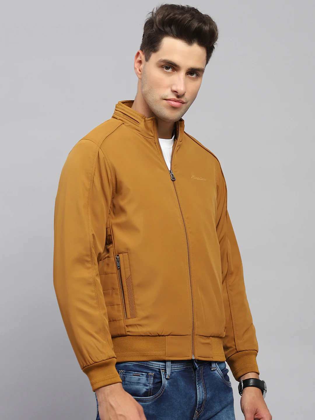 Men Mustard Solid Mock Neck Full Sleeve Jacket - Image 4