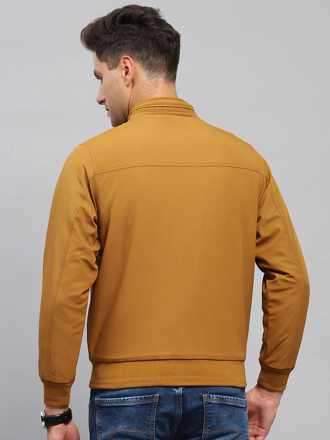 Men Mustard Solid Mock Neck Full Sleeve Jacket - Image 5