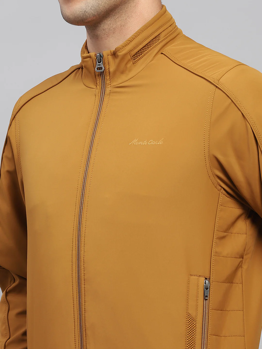 Men Mustard Solid Mock Neck Full Sleeve Jacket - Image 6