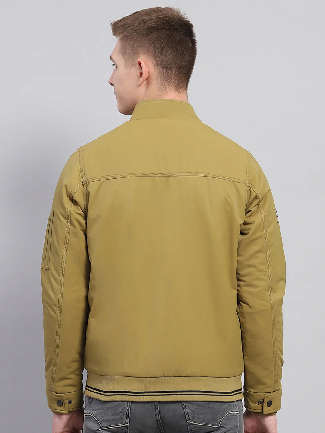 Men Mustard Solid Mock Neck Full Sleeve Jacket - Image 5