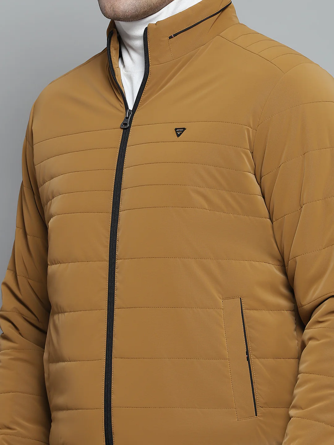 Men Mustard Solid Mock Neck Full Sleeve Jacket - Image 6