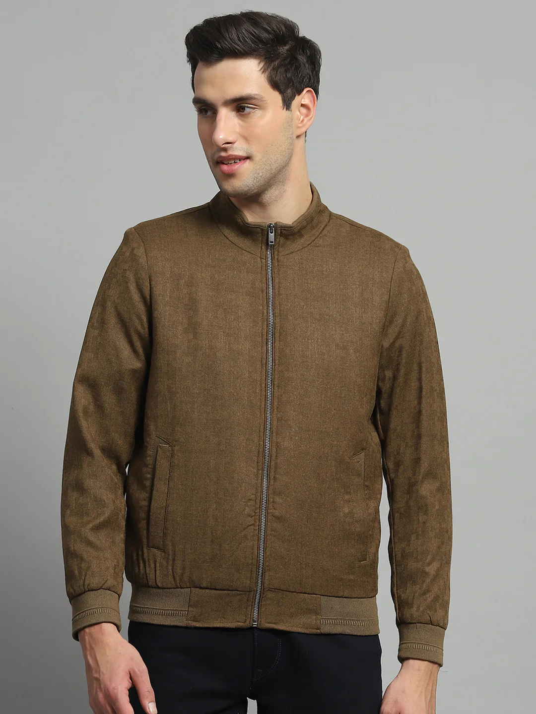 Luxuria Men Mustard Solid Mock Neck Full Sleeve Jacket