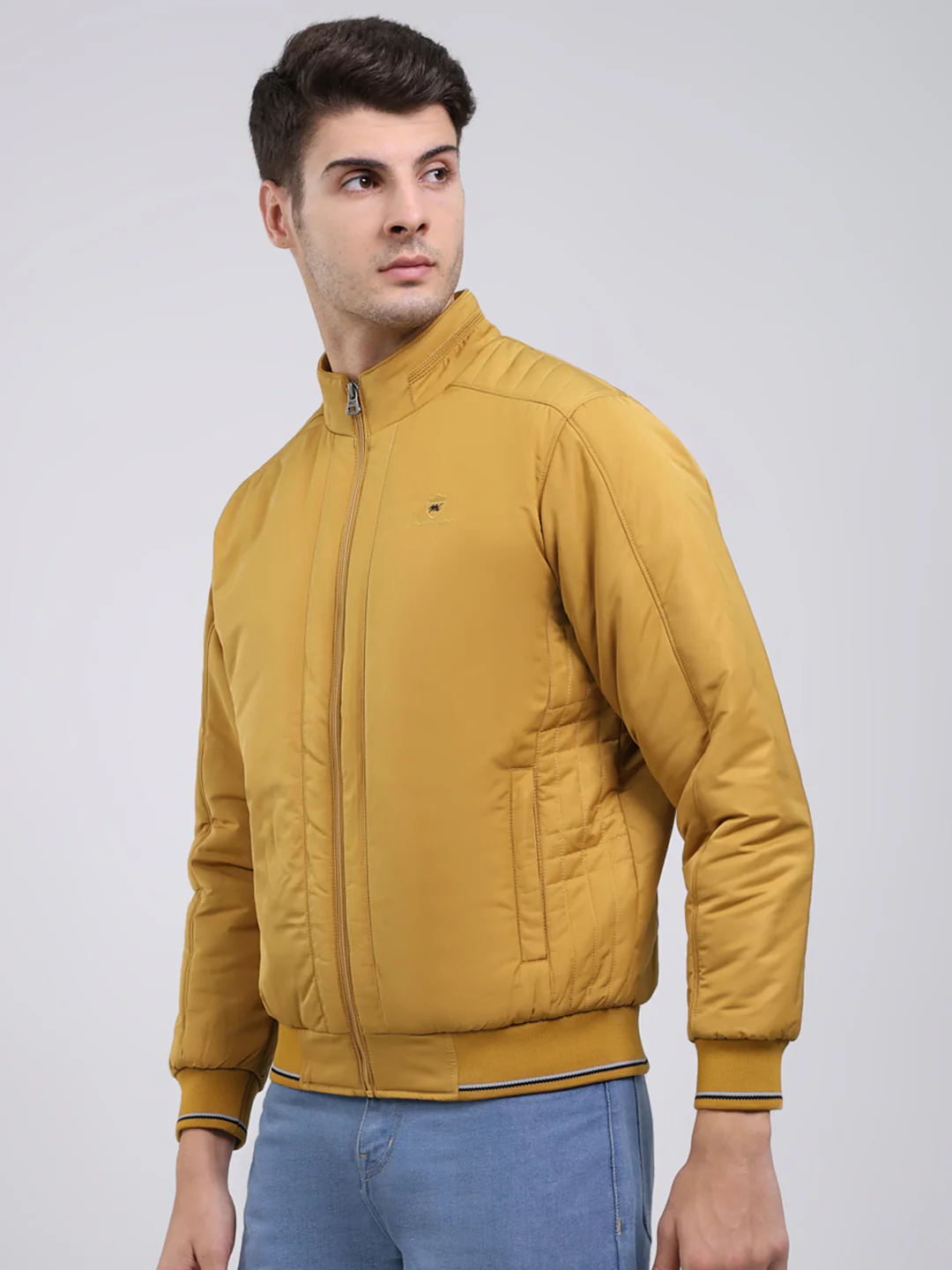 Men Mustard Solid Mock Neck Full Sleeve Jacket - Image 3