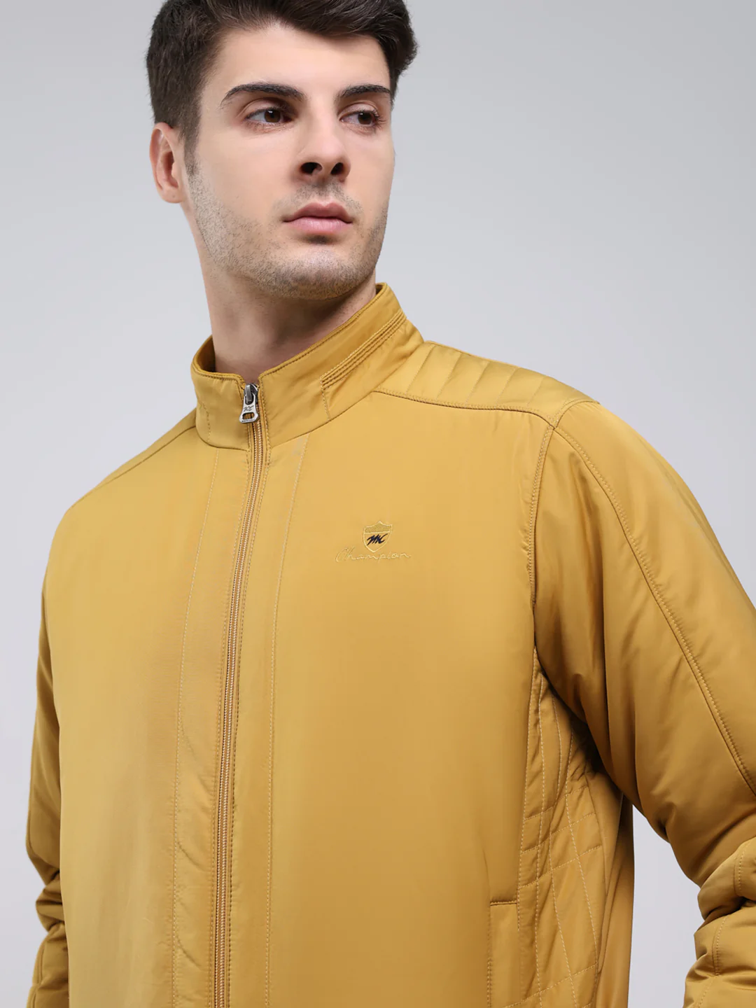 Men Mustard Solid Mock Neck Full Sleeve Jacket - Image 6