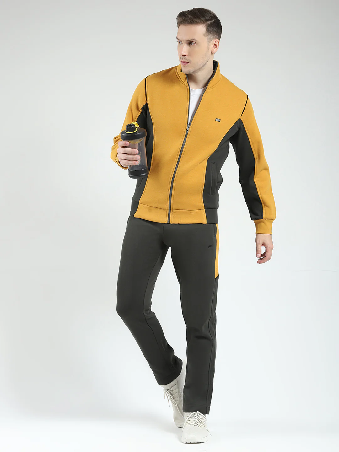Men Mustard Solid Mock Neck Full Sleeve Winter Tracksuit - Image 2