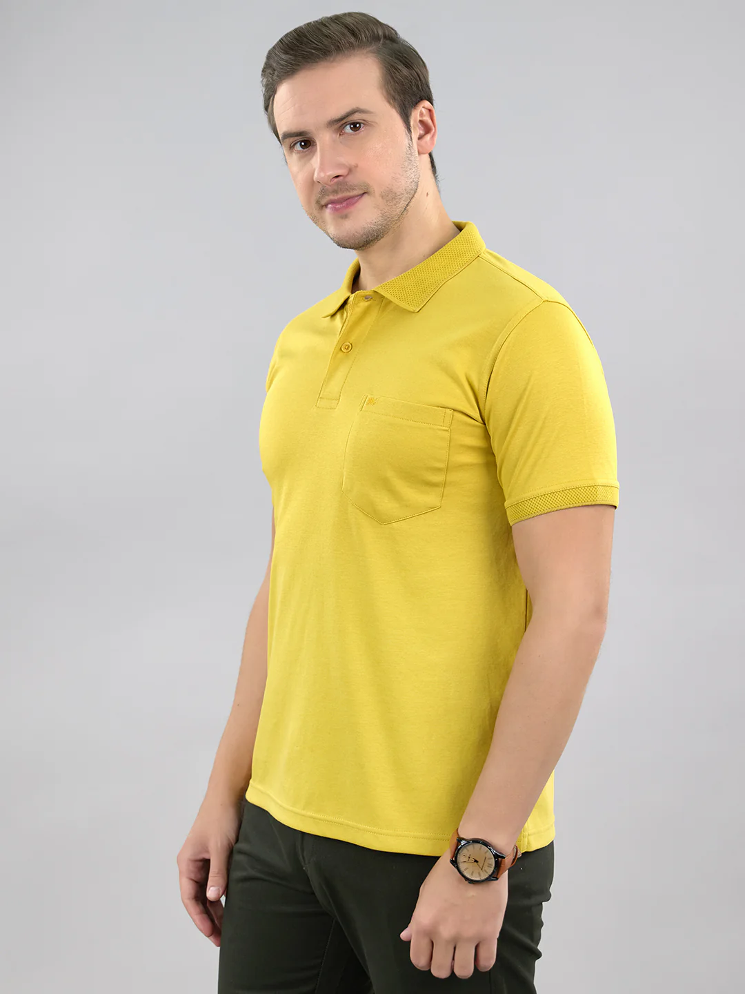 Men Mustard Solid Polo Collar Half Sleeve T-Shirt - Image 2