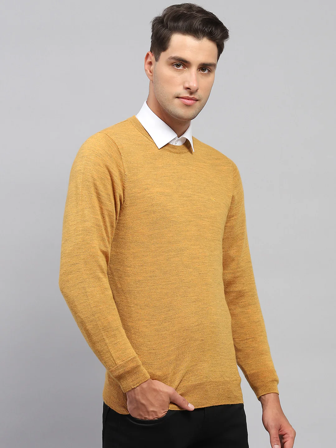 Men Mustard Solid Round Neck Full Sleeve Pullover - Image 4