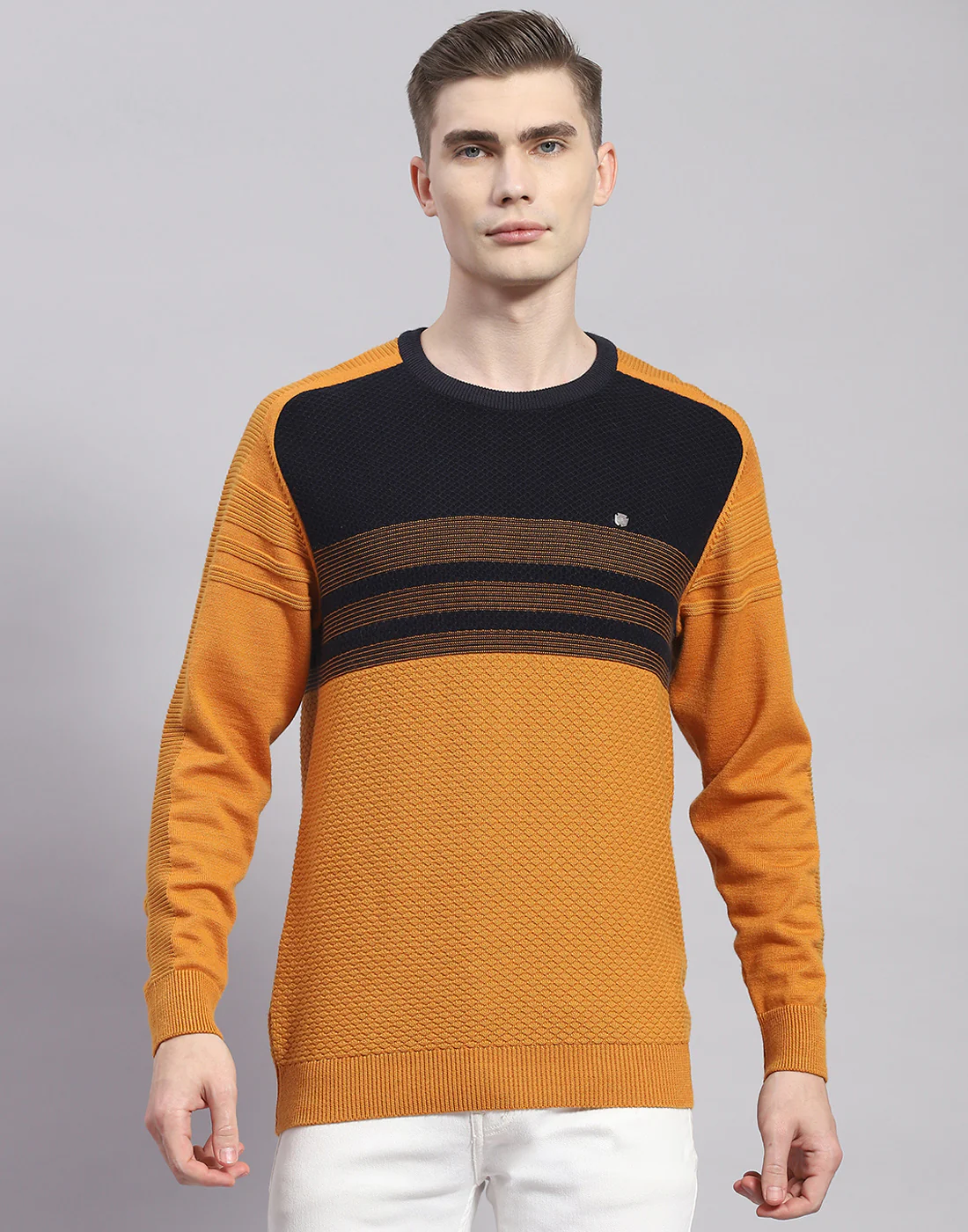 Men Mustard Solid Round Neck Full Sleeve Pullover - Image 3