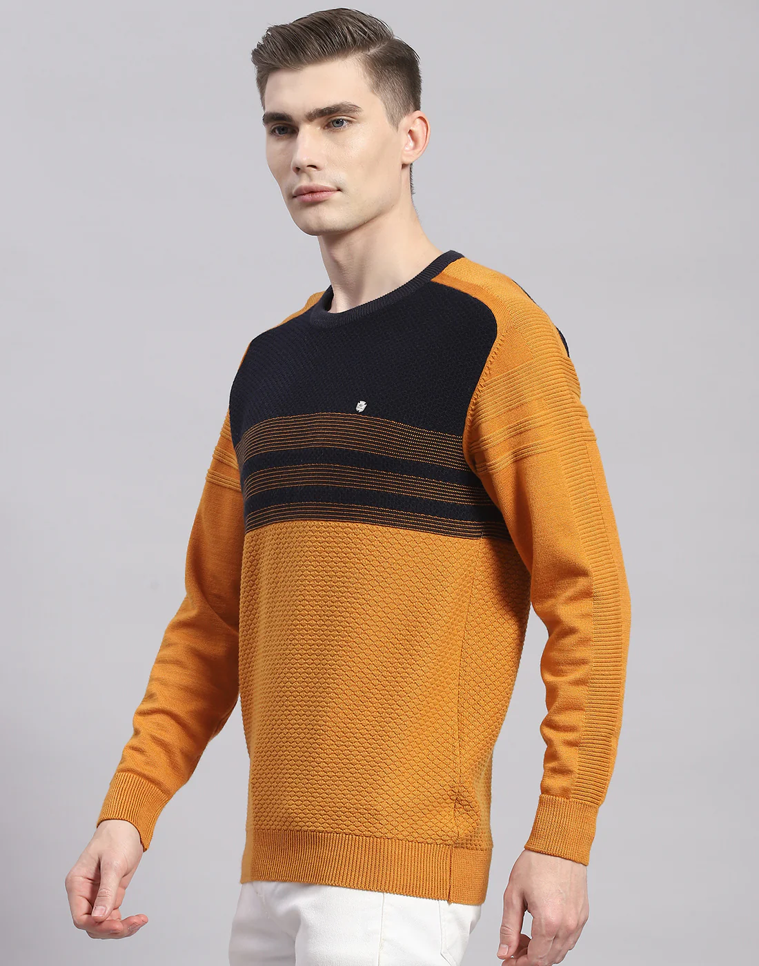 Men Mustard Solid Round Neck Full Sleeve Pullover - Image 4
