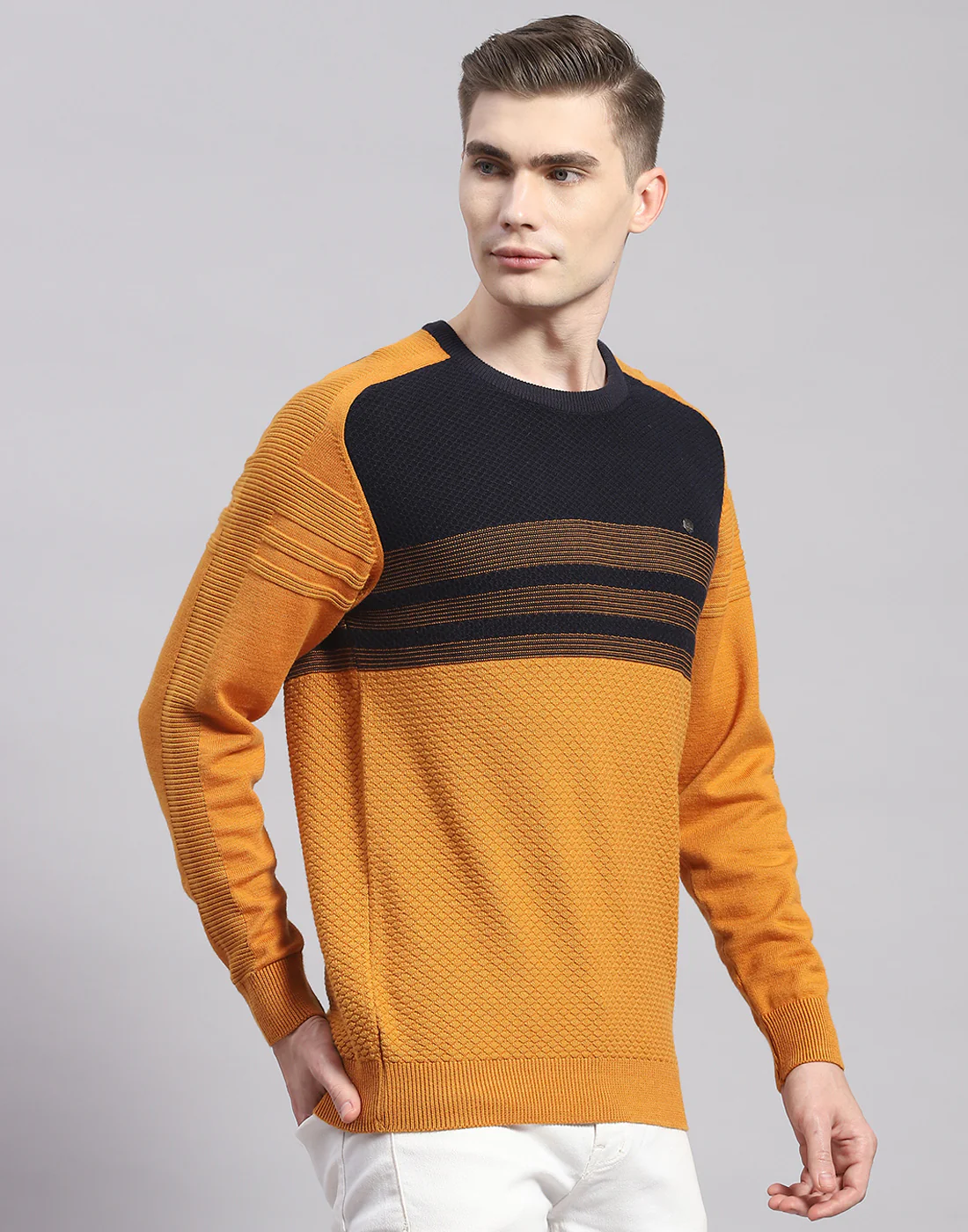 Men Mustard Solid Round Neck Full Sleeve Pullover - Image 5
