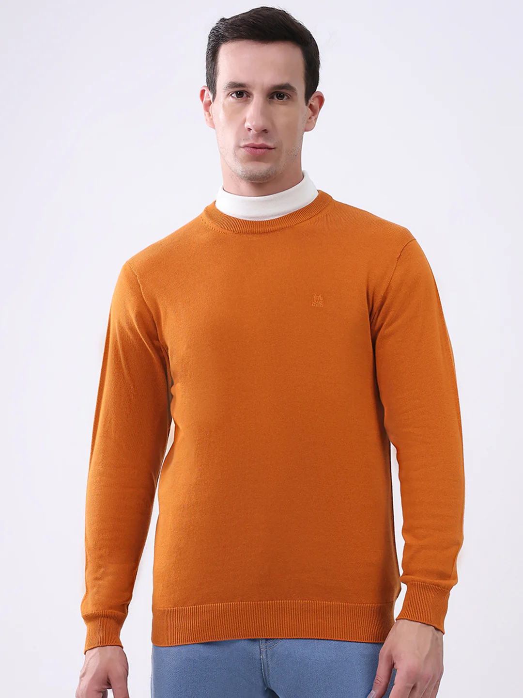 Men Mustard Solid Round Neck Full Sleeve Pullover