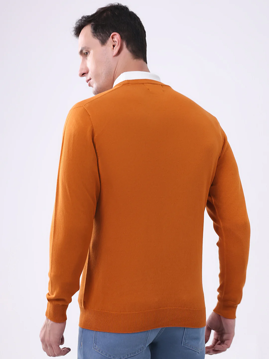 Men Mustard Solid Round Neck Full Sleeve Pullover - Image 5