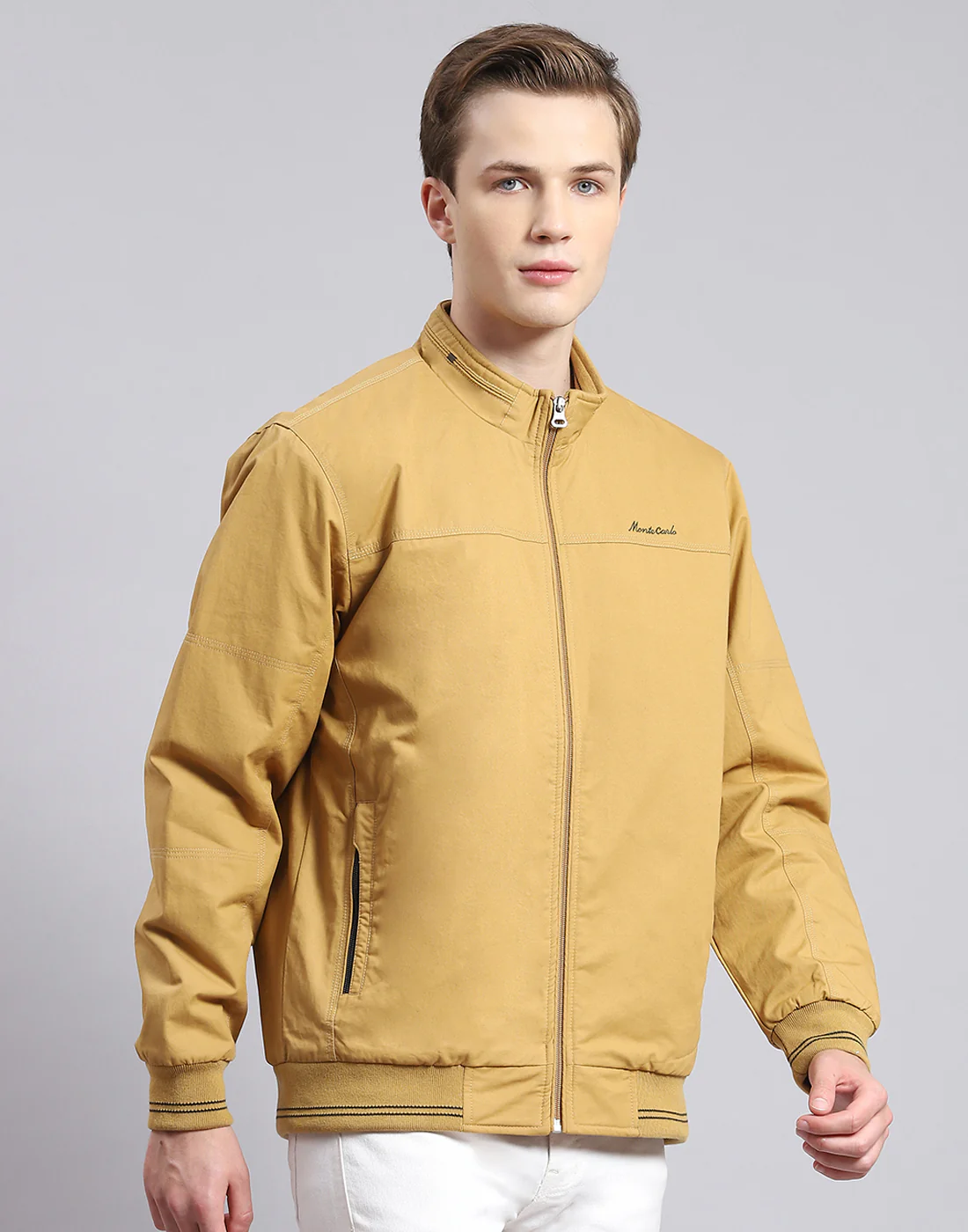 Men Mustard Solid Stand Collar Full Sleeve Jacket - Image 4