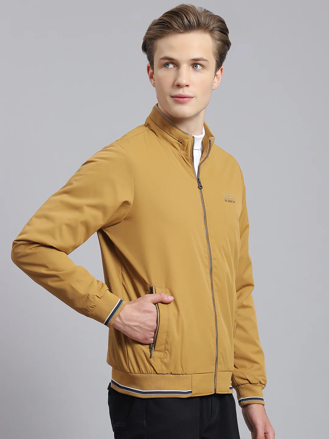 Men Mustard Solid Stand Collar Full Sleeve Jacket - Image 3