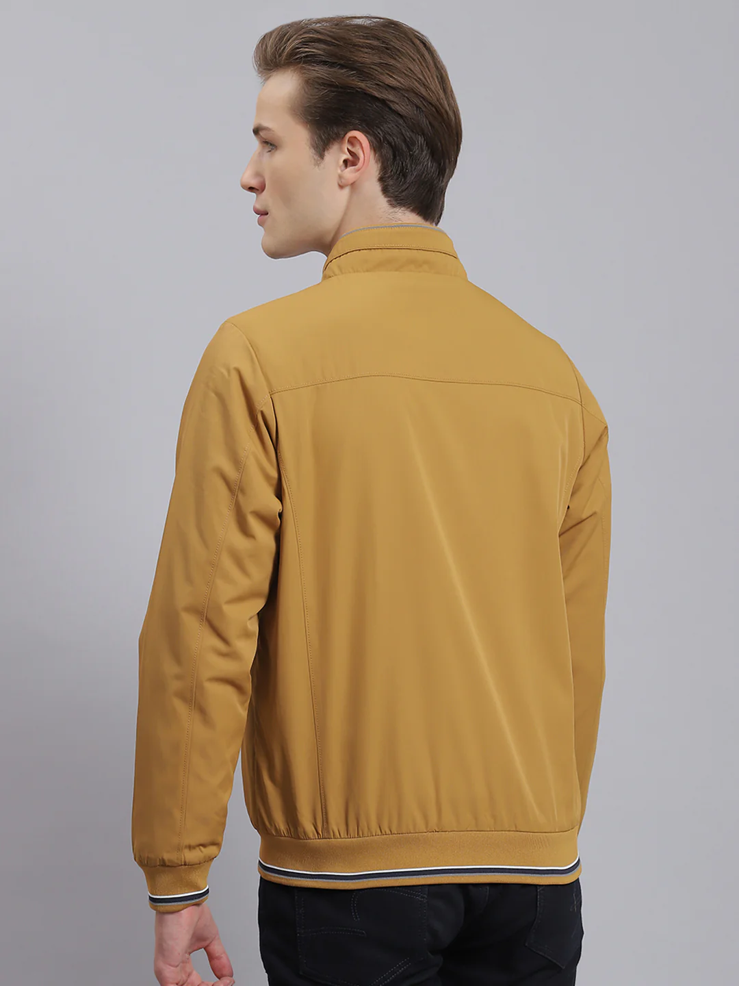 Men Mustard Solid Stand Collar Full Sleeve Jacket - Image 4