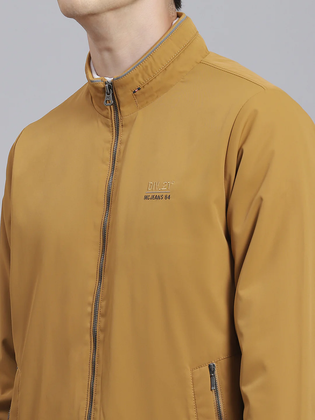 Men Mustard Solid Stand Collar Full Sleeve Jacket - Image 6