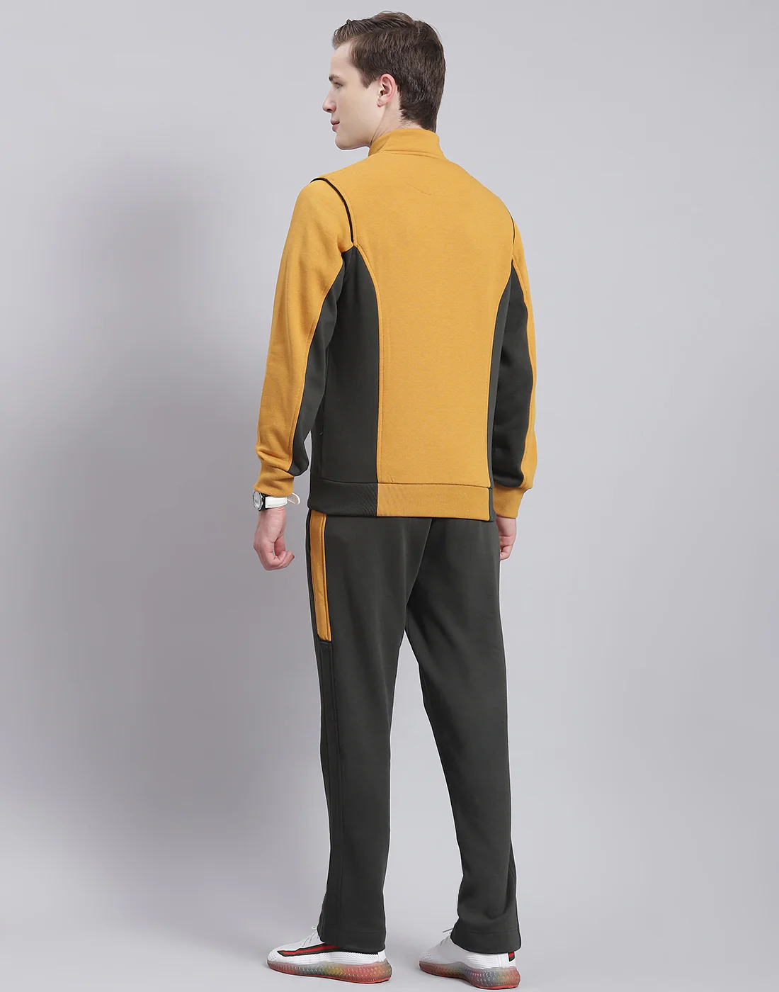 Men Mustard Solid Stand Collar Full Sleeve Tracksuit - Image 5