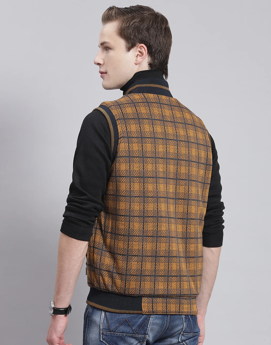 Men Mustard Solid Stand Collar Sleeveless Jacket - Image 7