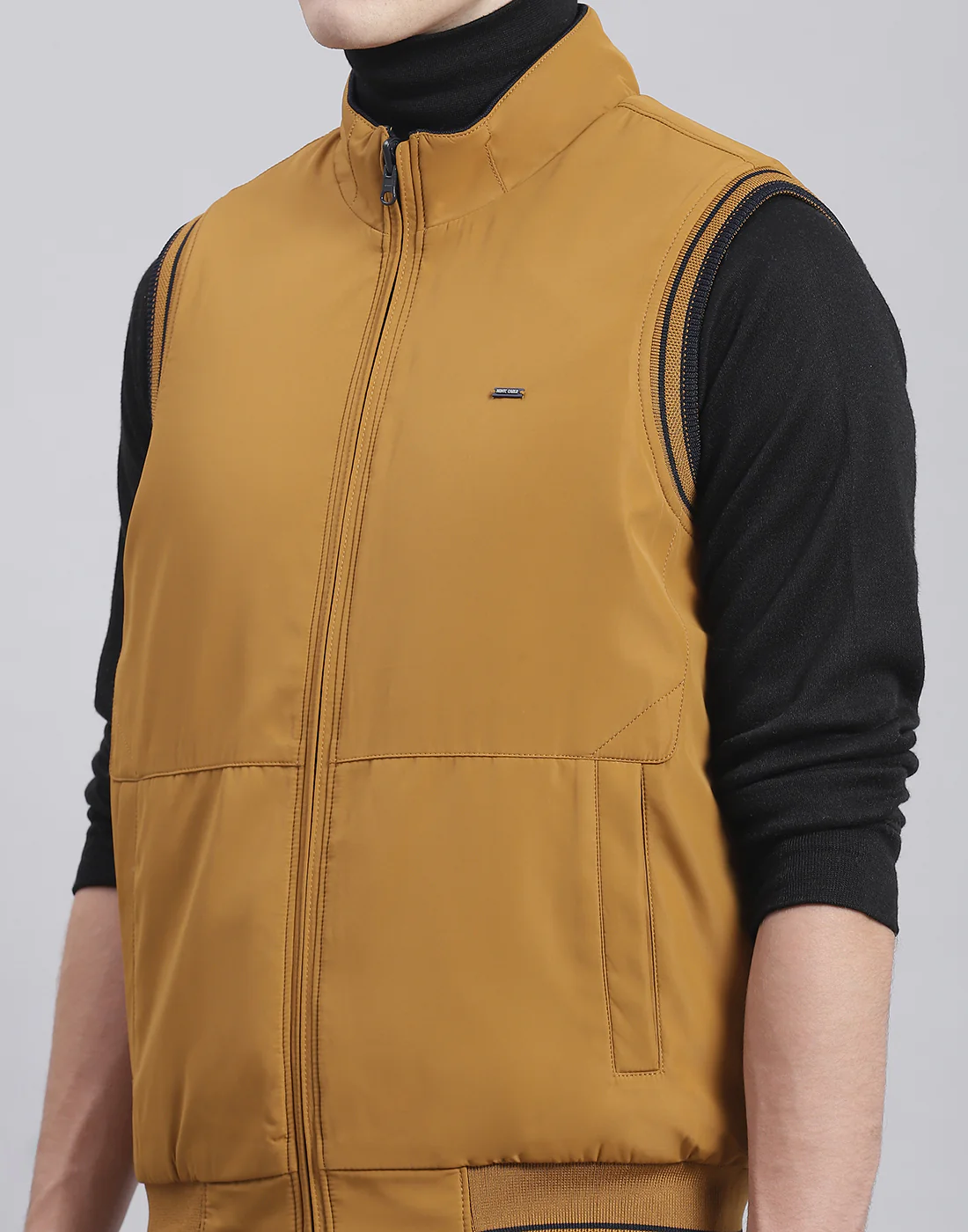 Men Mustard Solid Stand Collar Sleeveless Jacket - Image 8