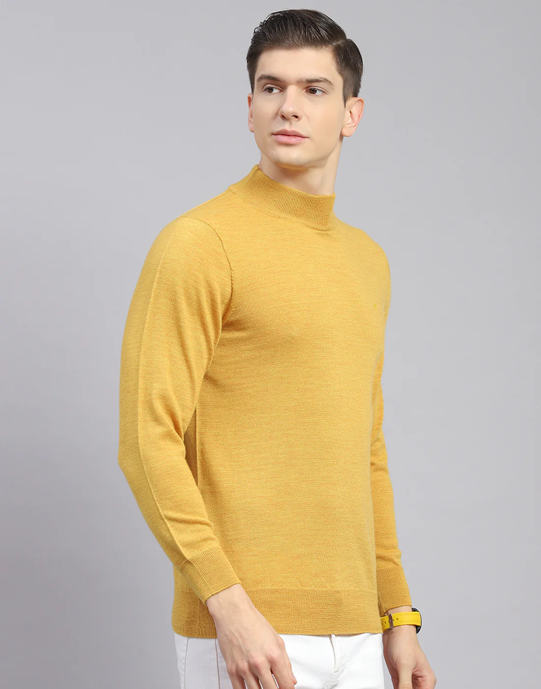 Men Mustard Solid T Neck Full Sleeve Sweater - Image 5