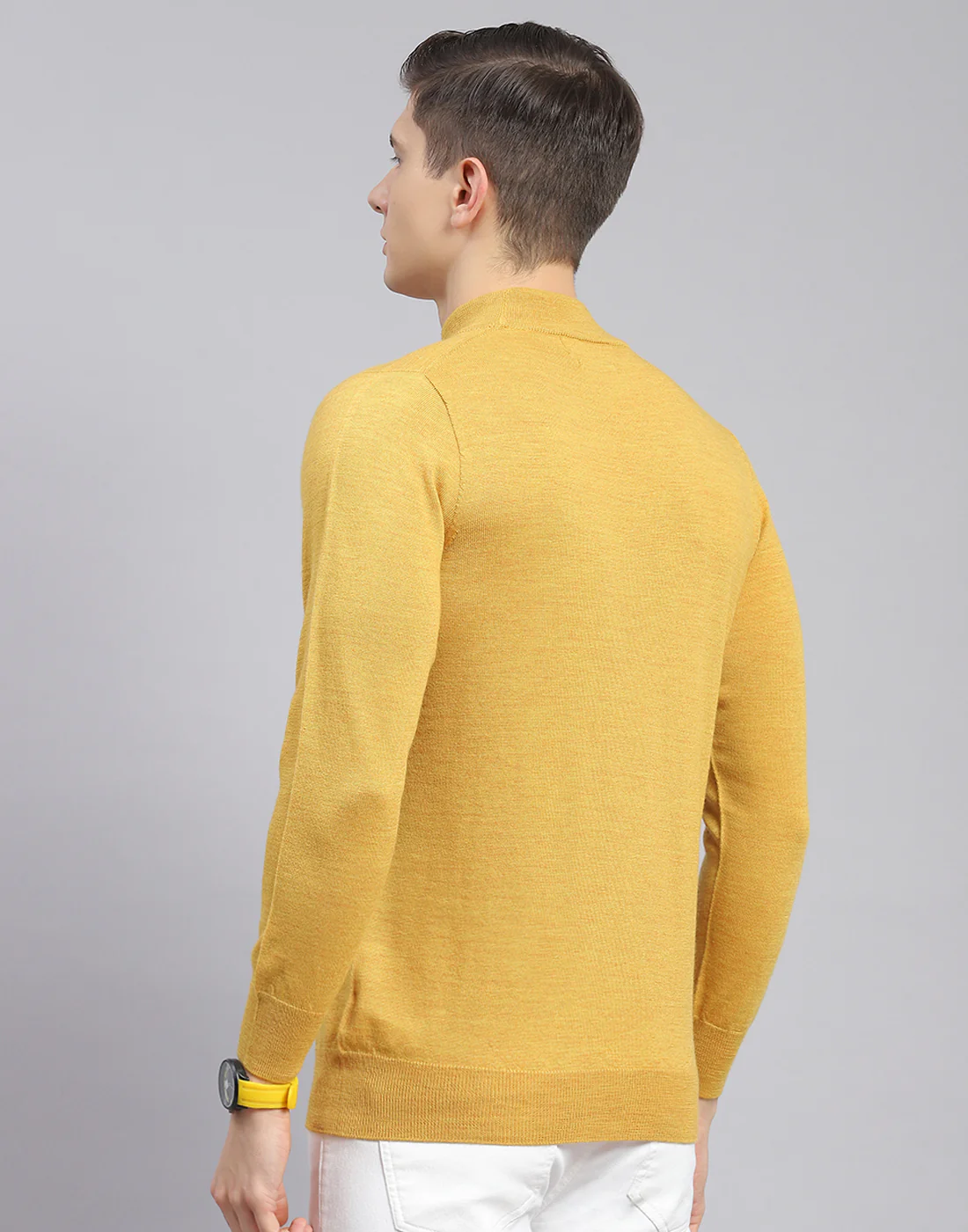 Men Mustard Solid T Neck Full Sleeve Sweater - Image 6