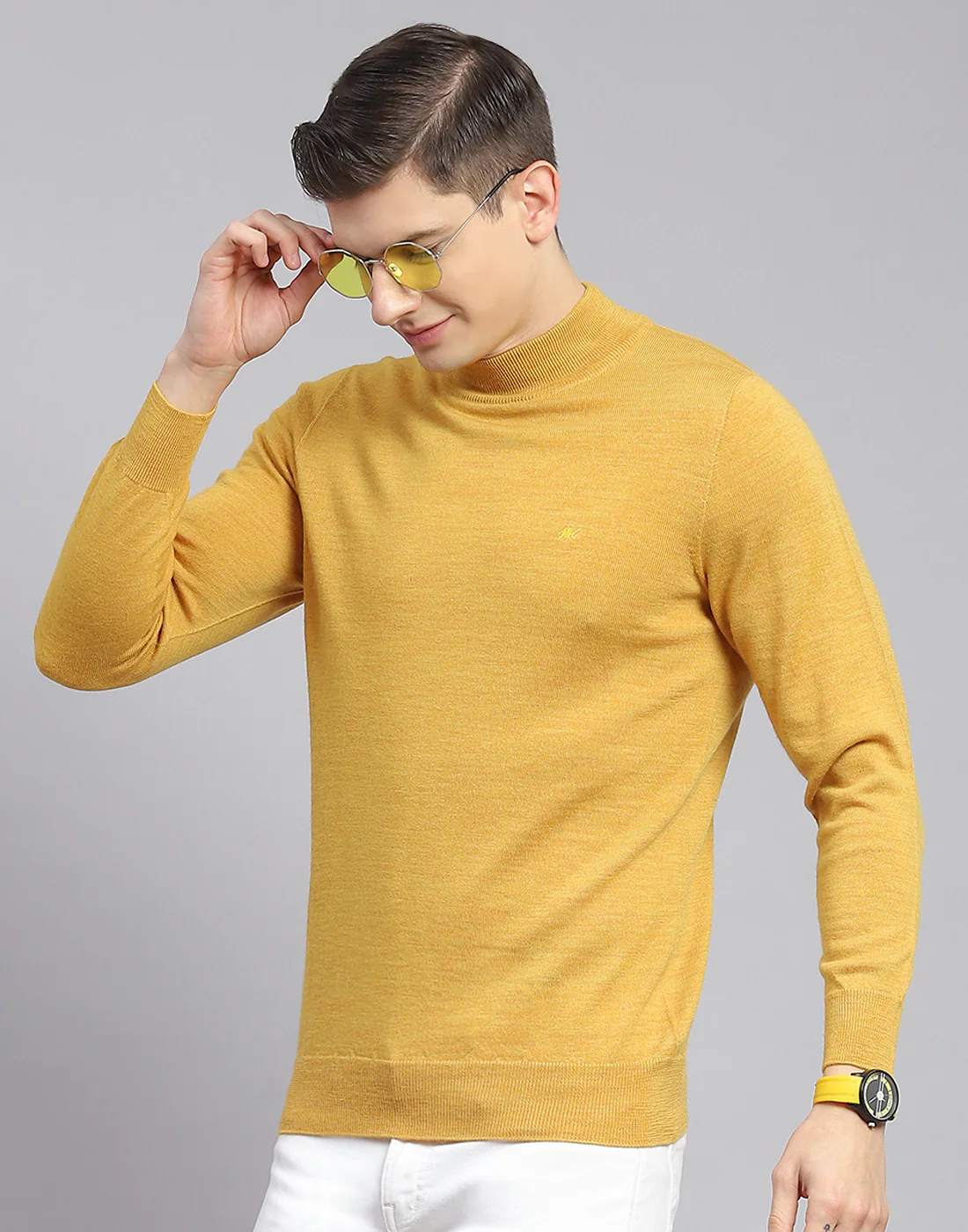 Men Mustard Solid Turtle Neck Full Sleeve Pullover - Image 2