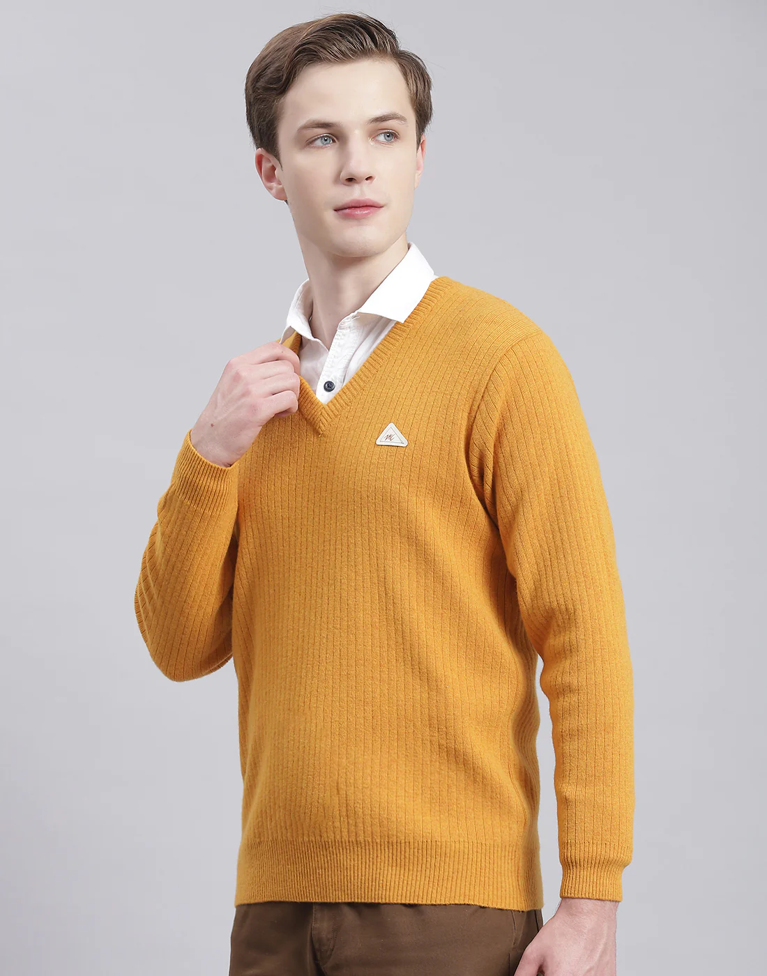 Men Mustard Solid V Neck Full Sleeve Pullover - Image 3