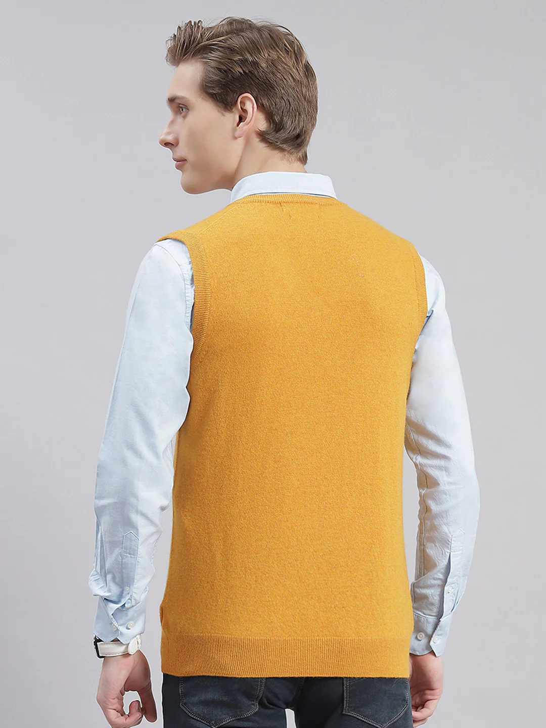 Men Mustard Solid V Neck Sleeveless Sweaters/Pullovers - Image 5