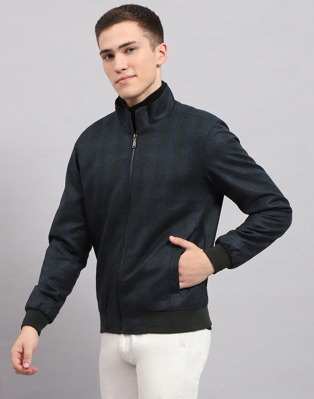 Men Navy Blue Check Band Collar Full Sleeve Jacket - Image 3