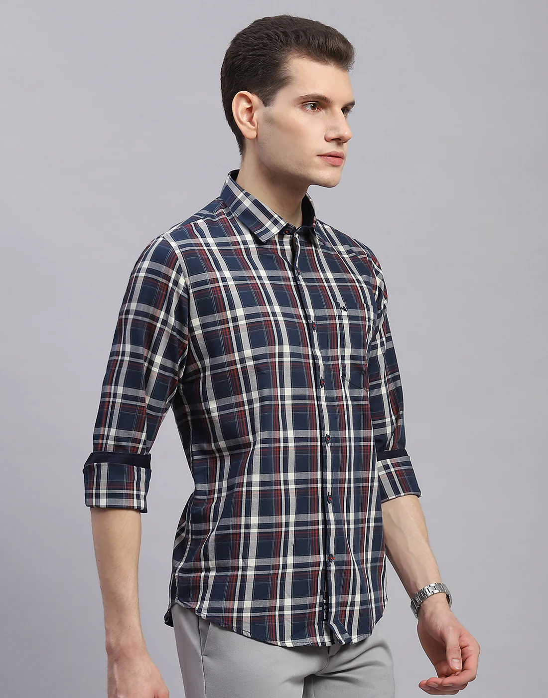 Men Navy Blue Check Collar Full Sleeve Shirt - Image 4