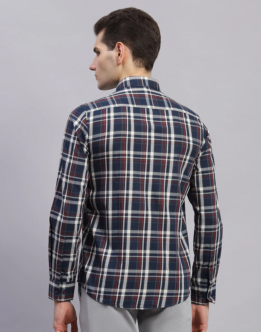 Men Navy Blue Check Collar Full Sleeve Shirt - Image 5