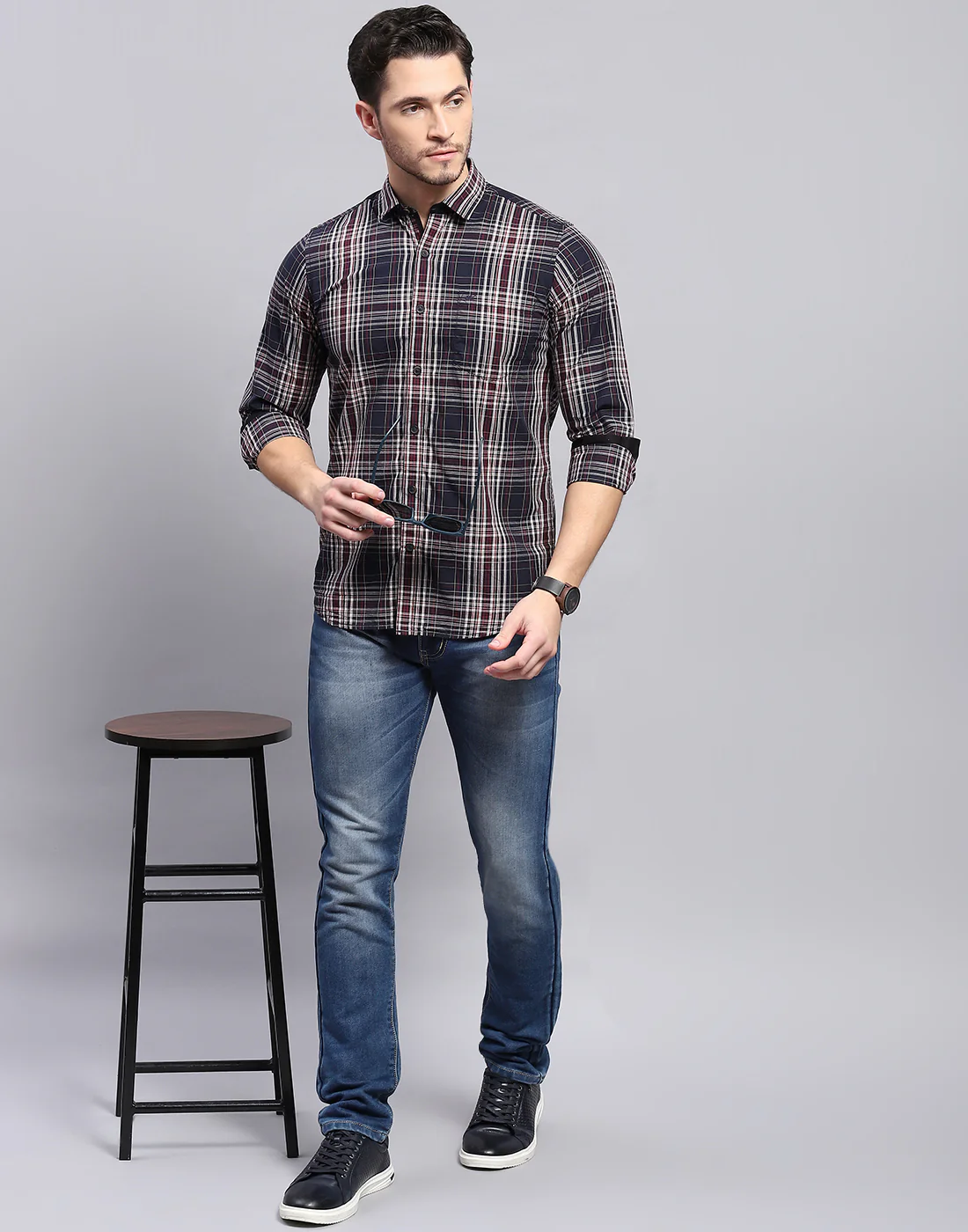 Men Navy Blue Check Collar Full Sleeve Shirt - Image 2