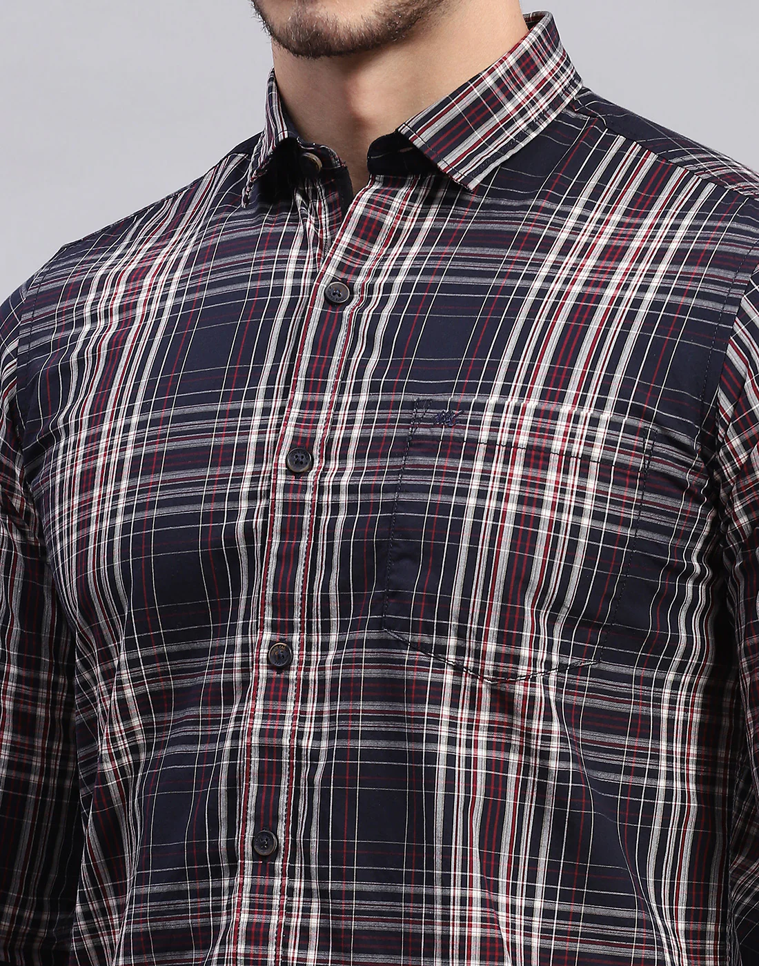 Men Navy Blue Check Collar Full Sleeve Shirt - Image 6