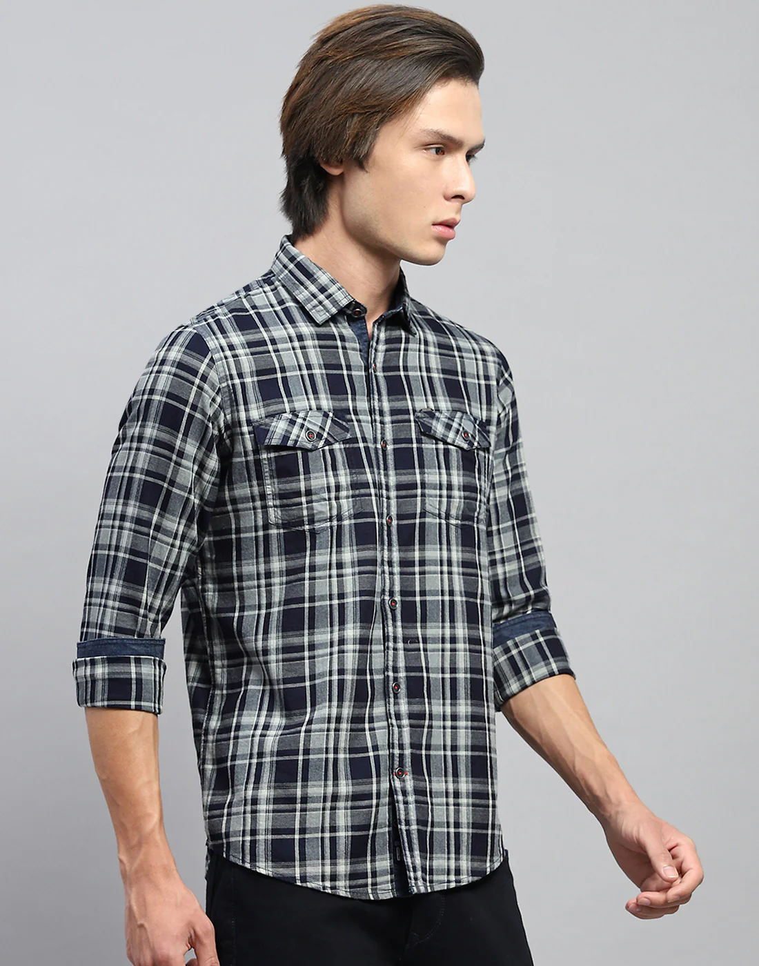 Men Navy Blue Check Collar Full Sleeve Shirt - Image 4