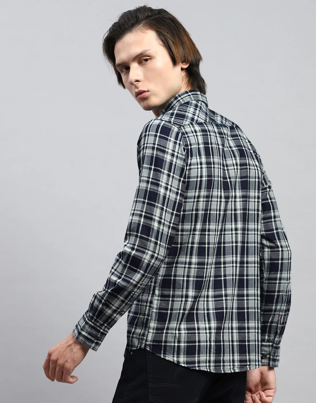 Men Navy Blue Check Collar Full Sleeve Shirt - Image 5