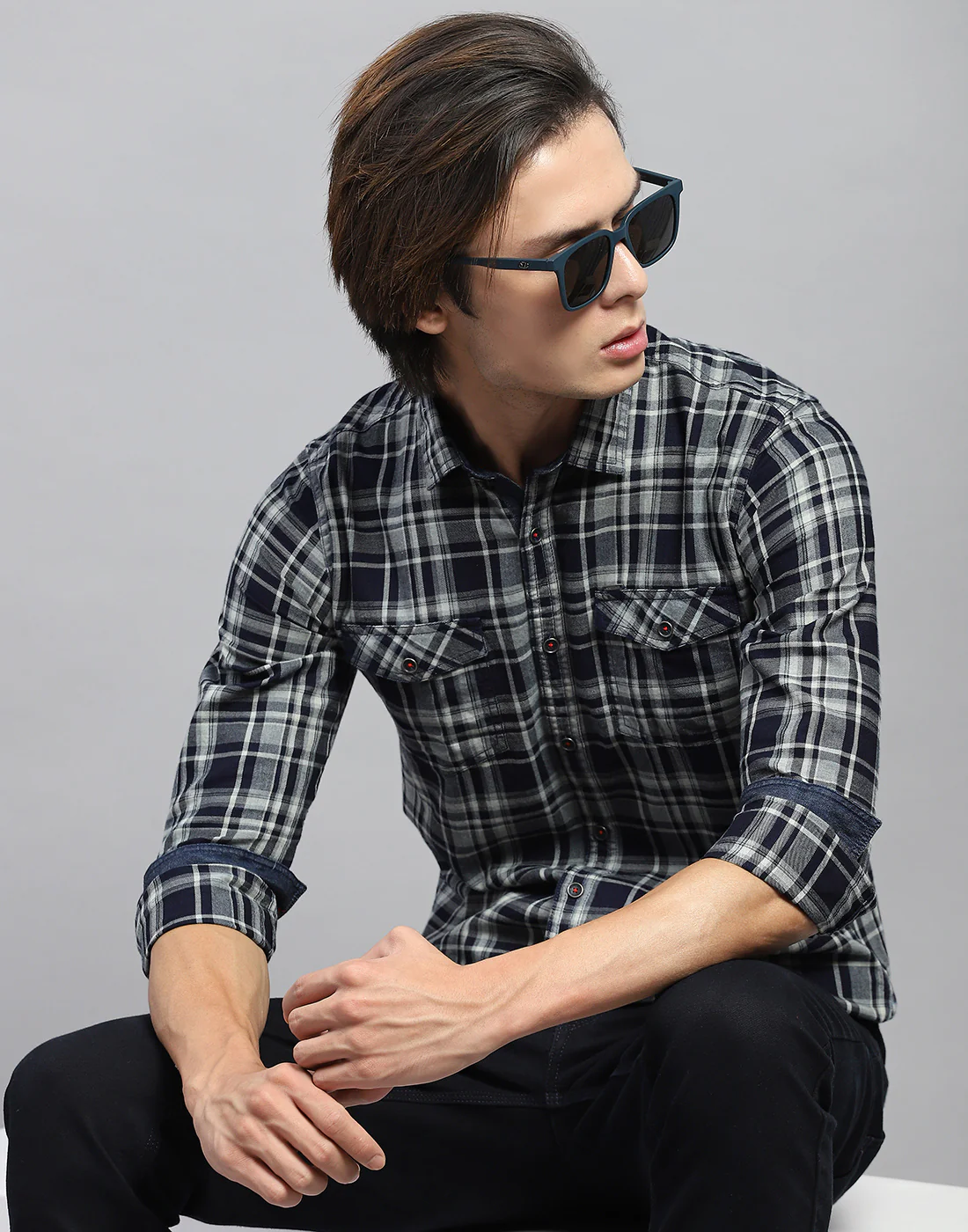 Men Navy Blue Check Collar Full Sleeve Shirt - Image 6