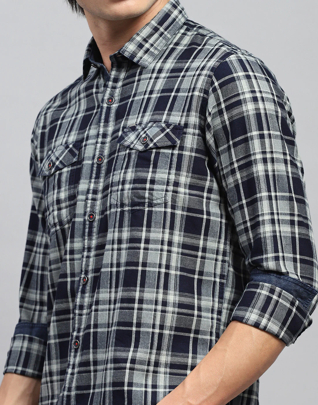Men Navy Blue Check Collar Full Sleeve Shirt - Image 7