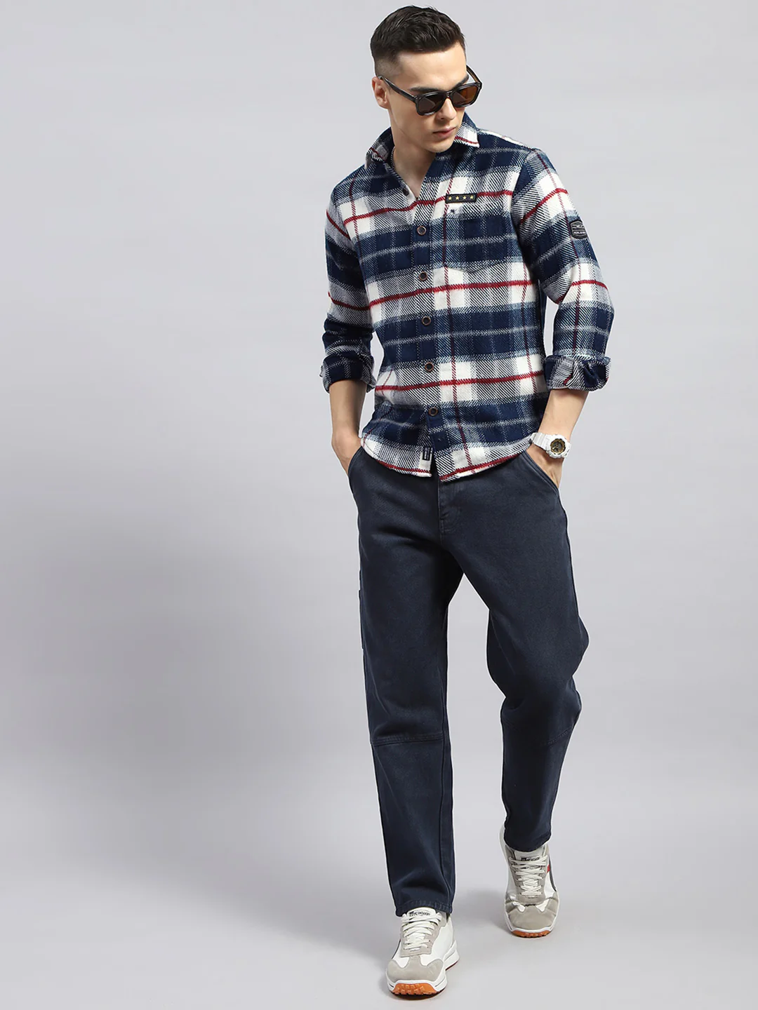 Men Navy Blue Check Collar Full Sleeve Shirt - Image 2