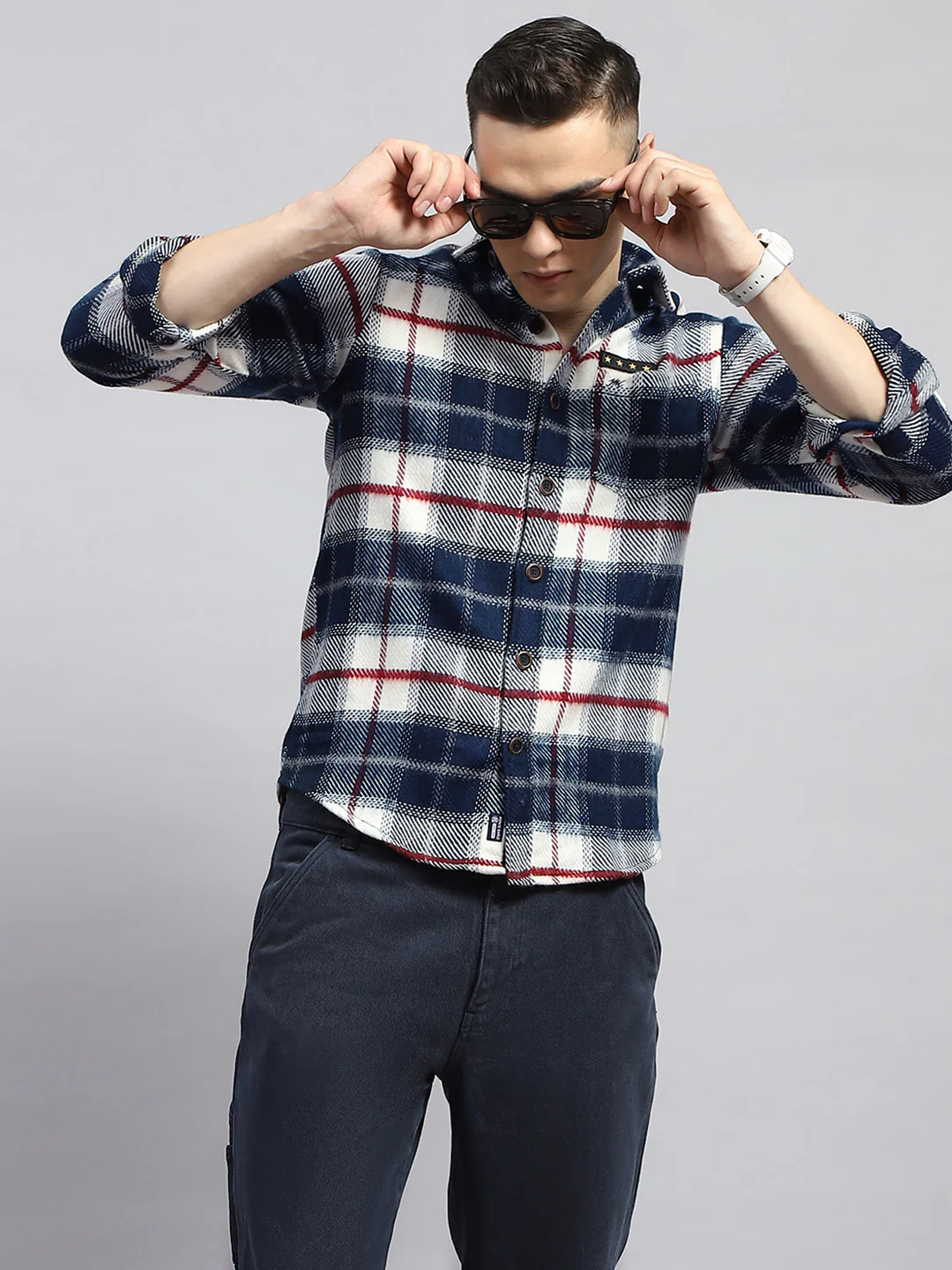 Men Navy Blue Check Collar Full Sleeve Shirt - Image 6