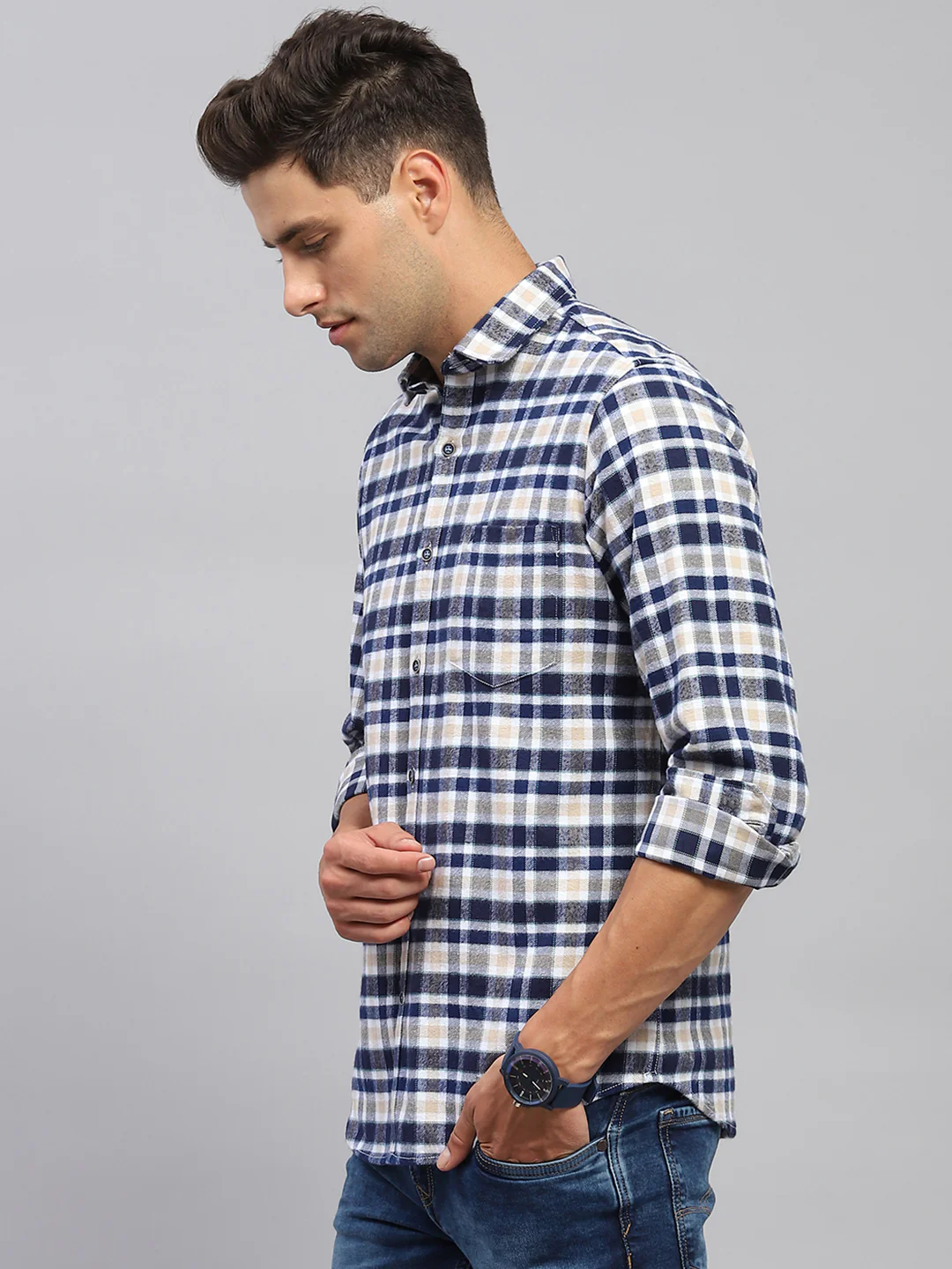 Men Navy Blue Check Collar Full Sleeve Shirt - Image 3