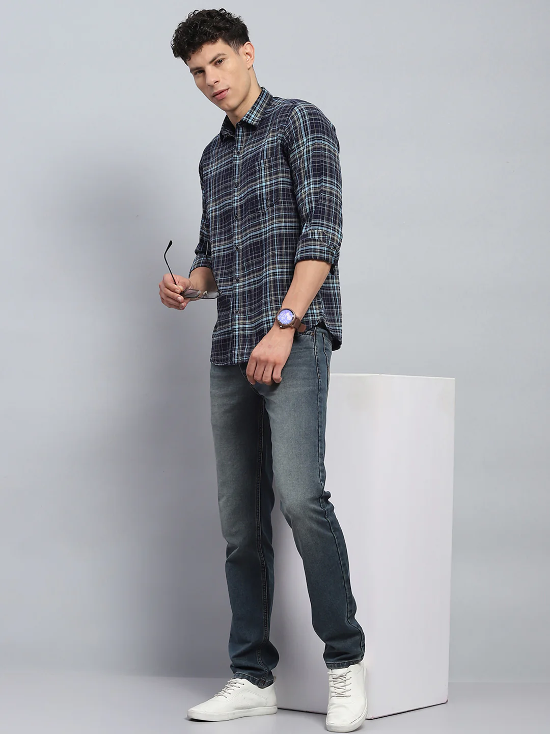 Men Navy Blue Check Collar Full Sleeve Shirt - Image 2