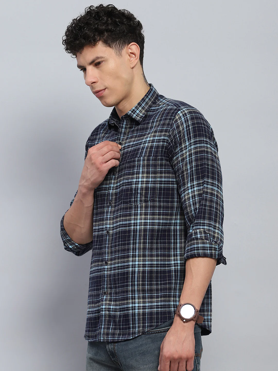 Men Navy Blue Check Collar Full Sleeve Shirt - Image 3
