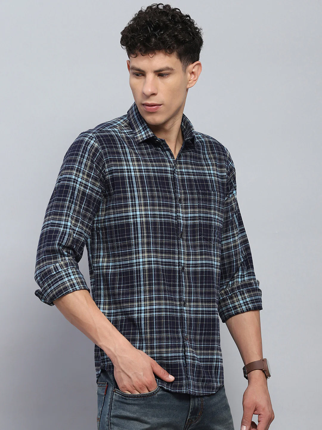 Men Navy Blue Check Collar Full Sleeve Shirt - Image 4