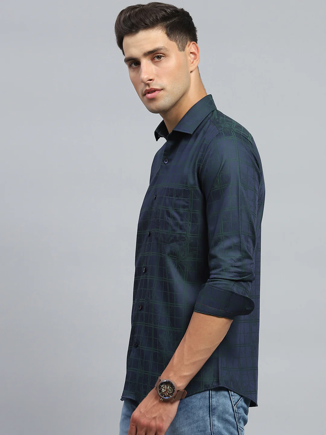 Luxuria Men Navy Blue Check Collar Full Sleeve Shirt - Image 3