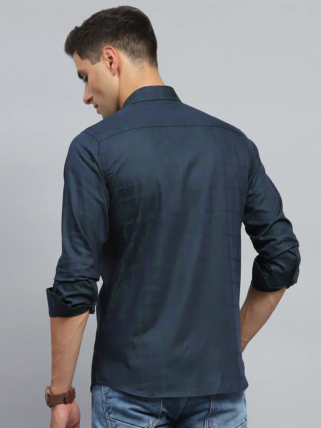 Luxuria Men Navy Blue Check Collar Full Sleeve Shirt - Image 5