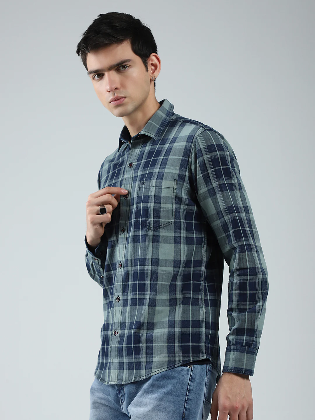 Men Navy Blue Check Collar Full Sleeve Shirt - Image 3