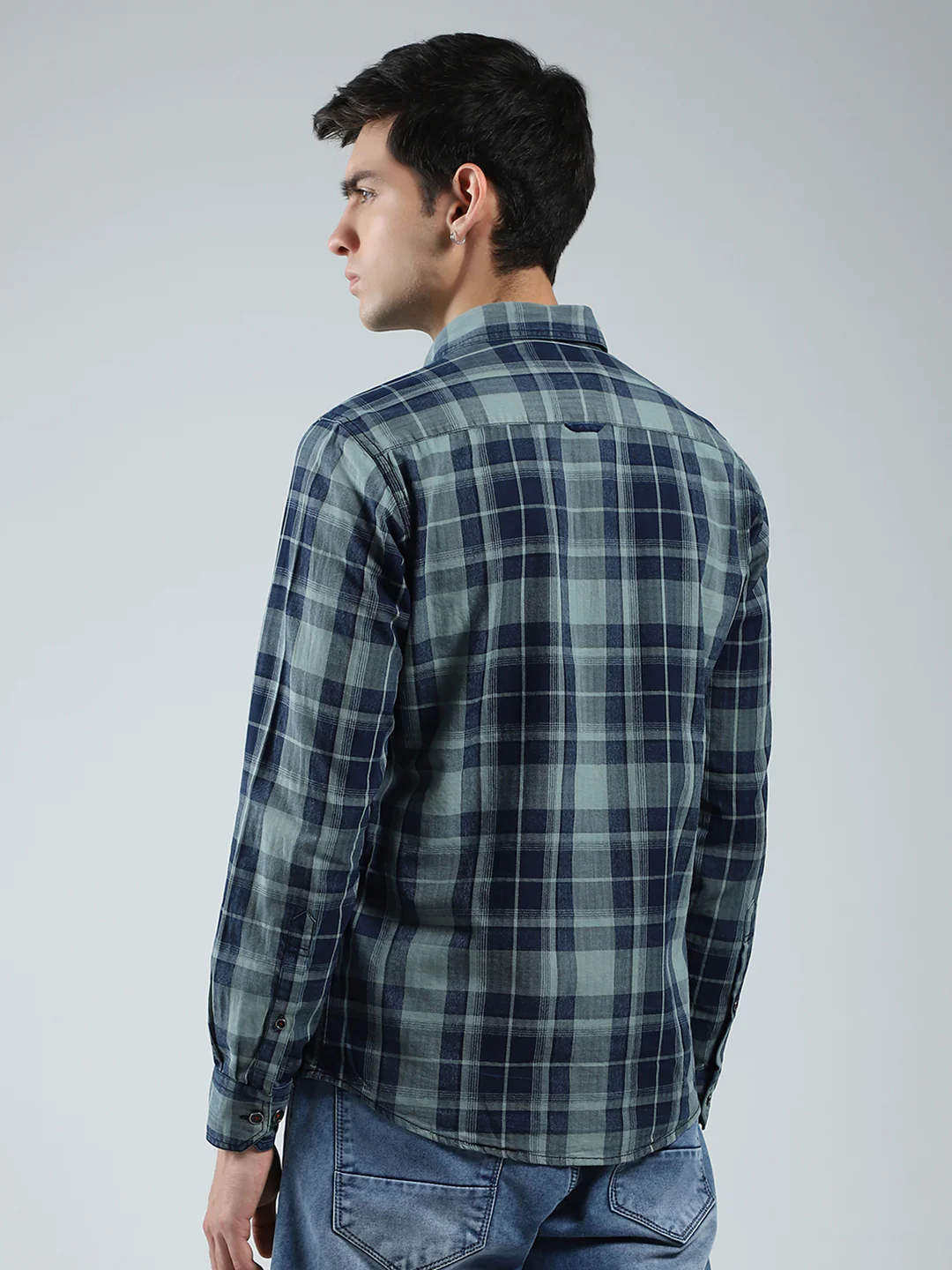 Men Navy Blue Check Collar Full Sleeve Shirt - Image 5