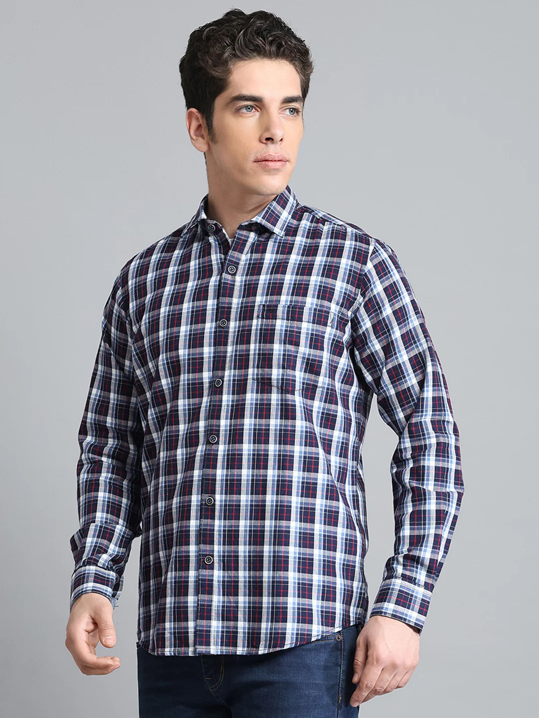 Men Navy Blue Check Collar Full Sleeve Shirt - Image 3