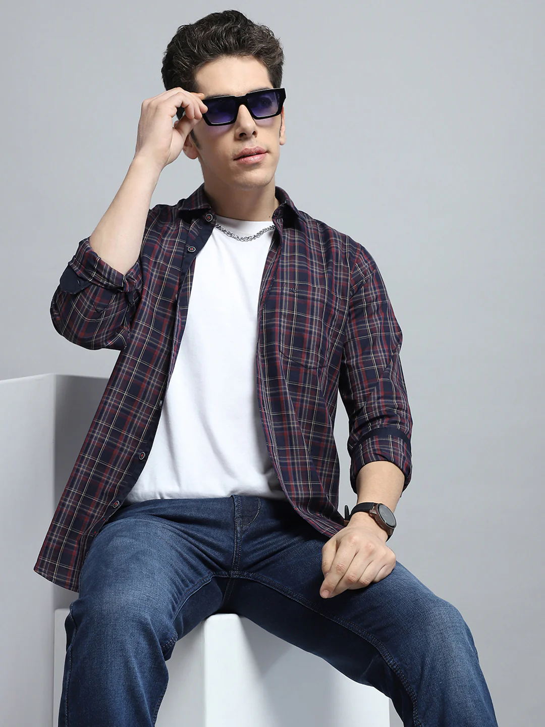 Men Navy Blue Check Collar Full Sleeve Shirt - Image 6