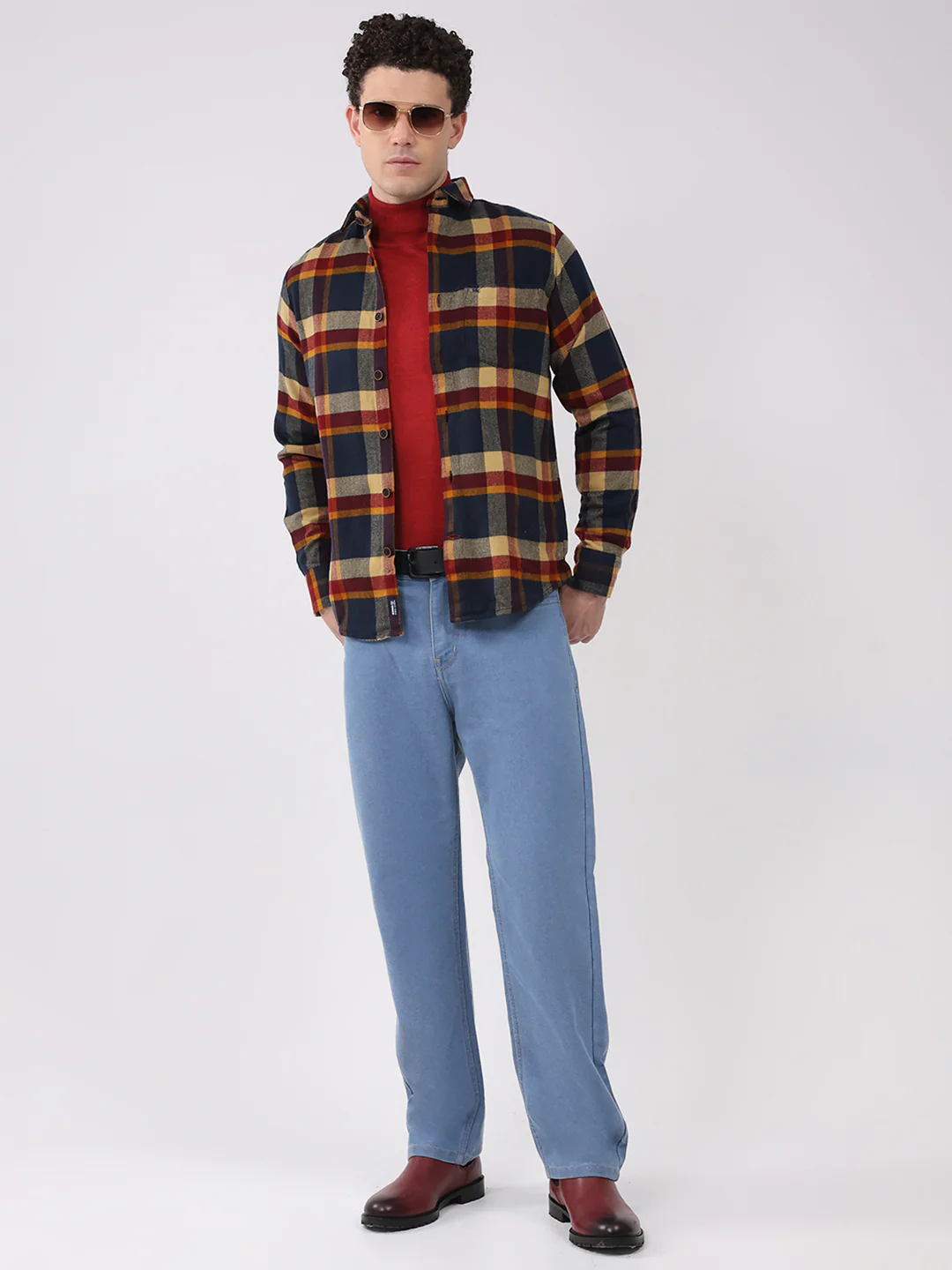 Men Navy Blue Check Collar Full Sleeve Shirt - Image 2